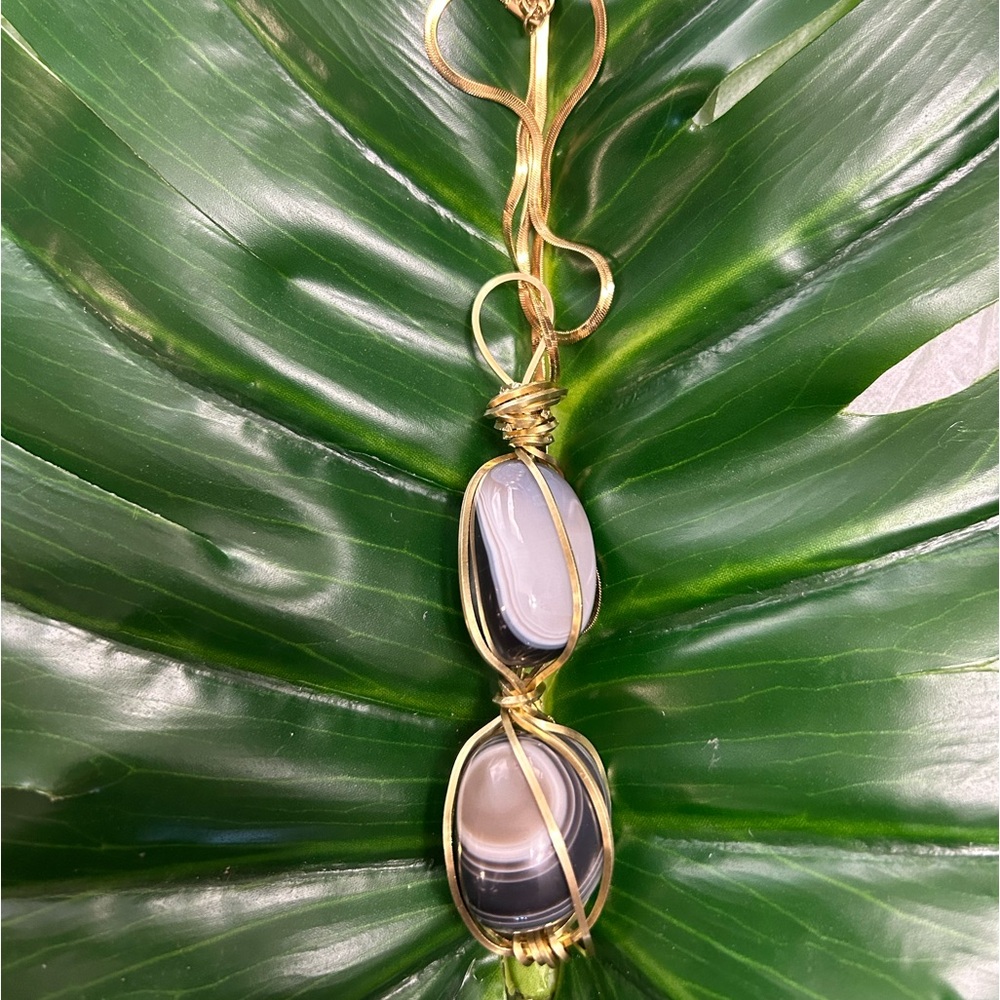 double gold wrapped gray botswana agate crystal pendant stainless steel necklace